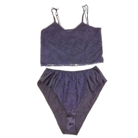 Vtg gold label Victoria's Secret  top bottom Lingerie Dark Blue Lace size Large - Picture 1 of 10